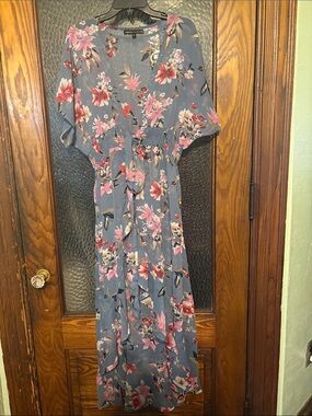 Women's Slate Blue Floral High-Low Maxi Dress with Pink Accents